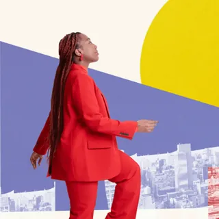 Woman stepping upward in a colorful career illustration